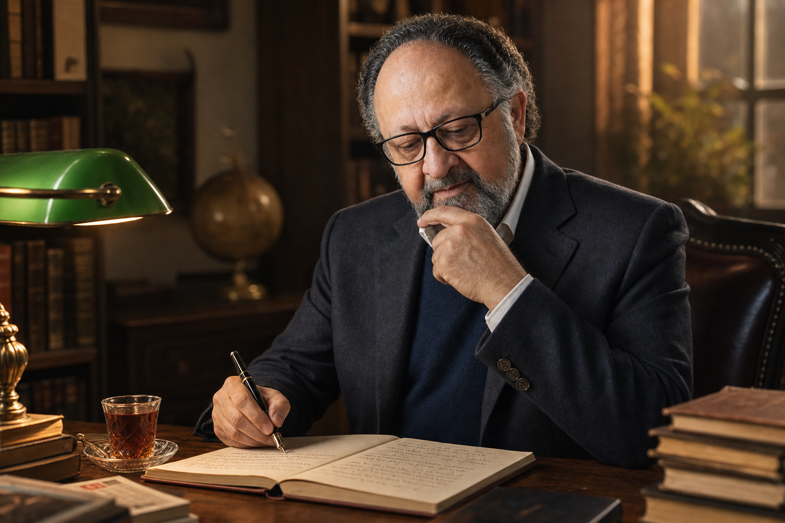 Iqbal Rahbar Tokhi writing a poem in his home office