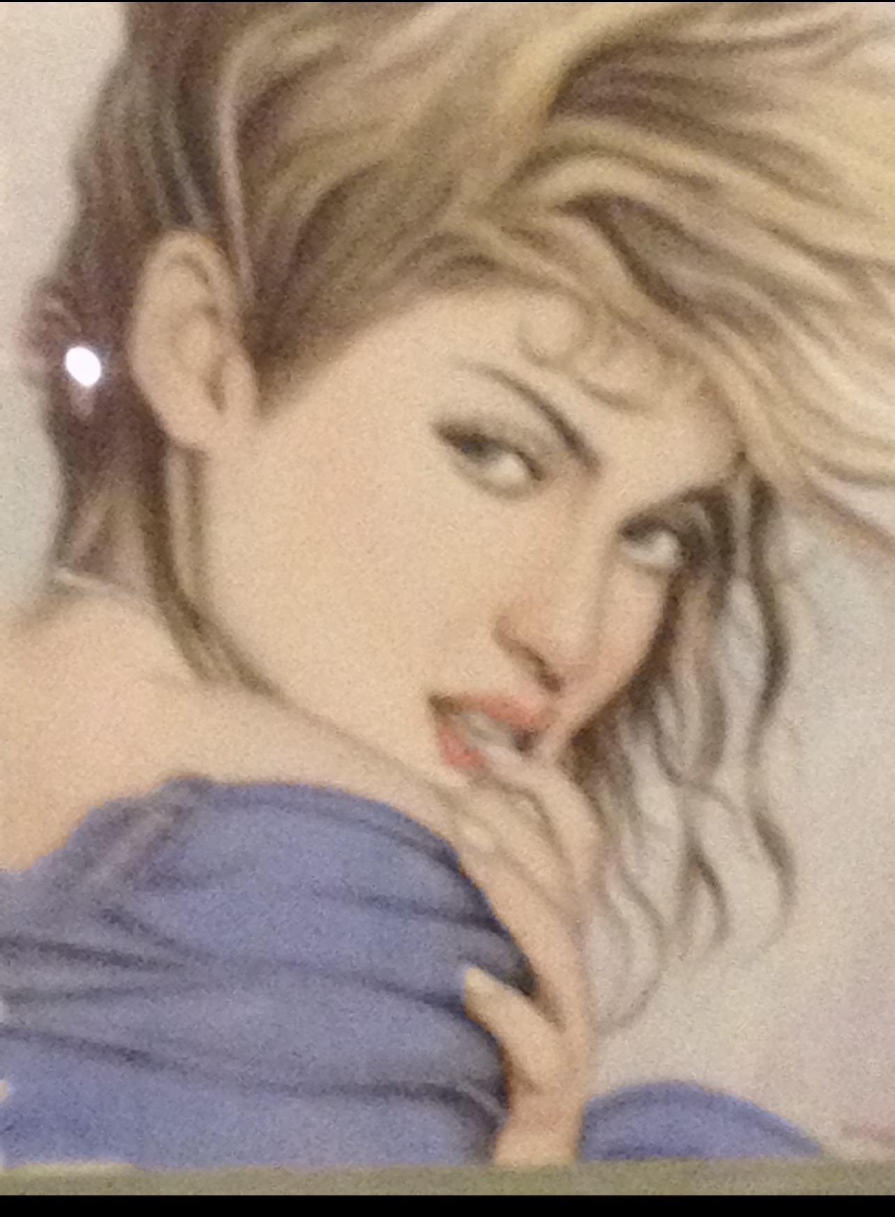Pastel portrait painting by Ustad Mohammad Yousuf Kohzad — woman in blue, looking over her shoulder